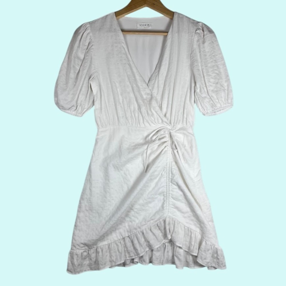 Storia White Boho Mini Dress Coastal Cowgirl Ruched Cinch Ruffle Puff Sleeve S